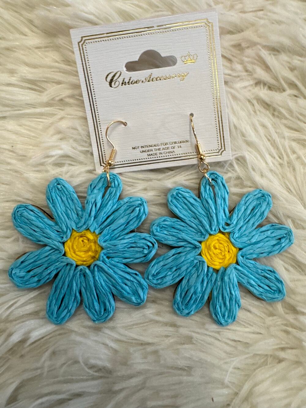 Artisanal Blue Daisy Earrings with Yellow Center
